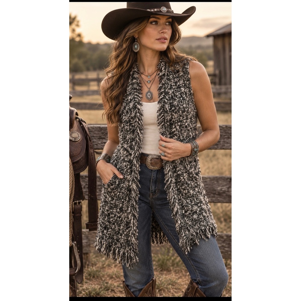 Chicos Black White Marled Knit Fringed Long Vest Open Front Size 0 S Western